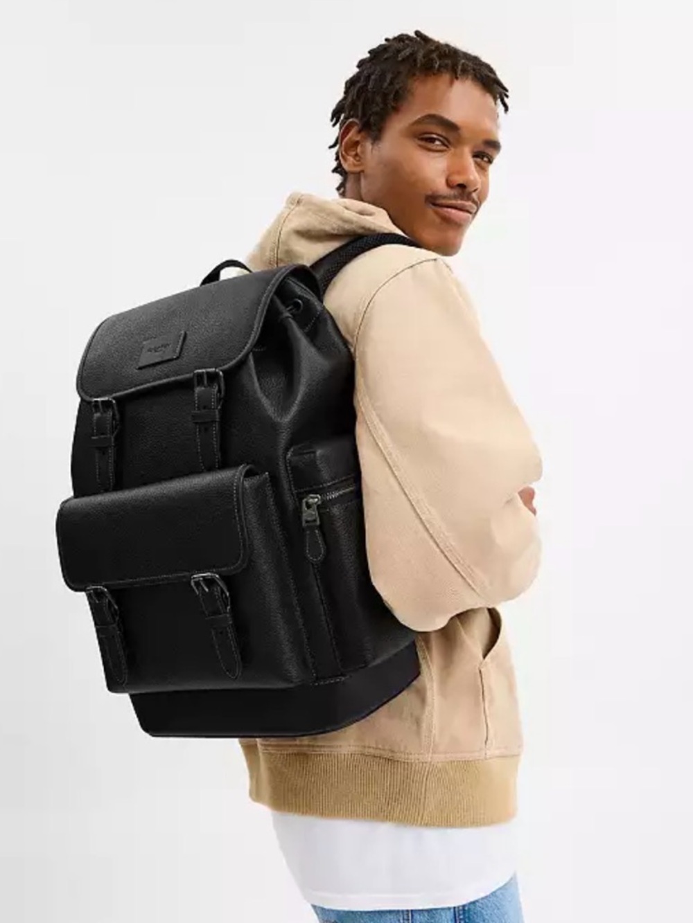 Coach Black Leather Men's Backpack with Front Pocket - Picture 7 of 7